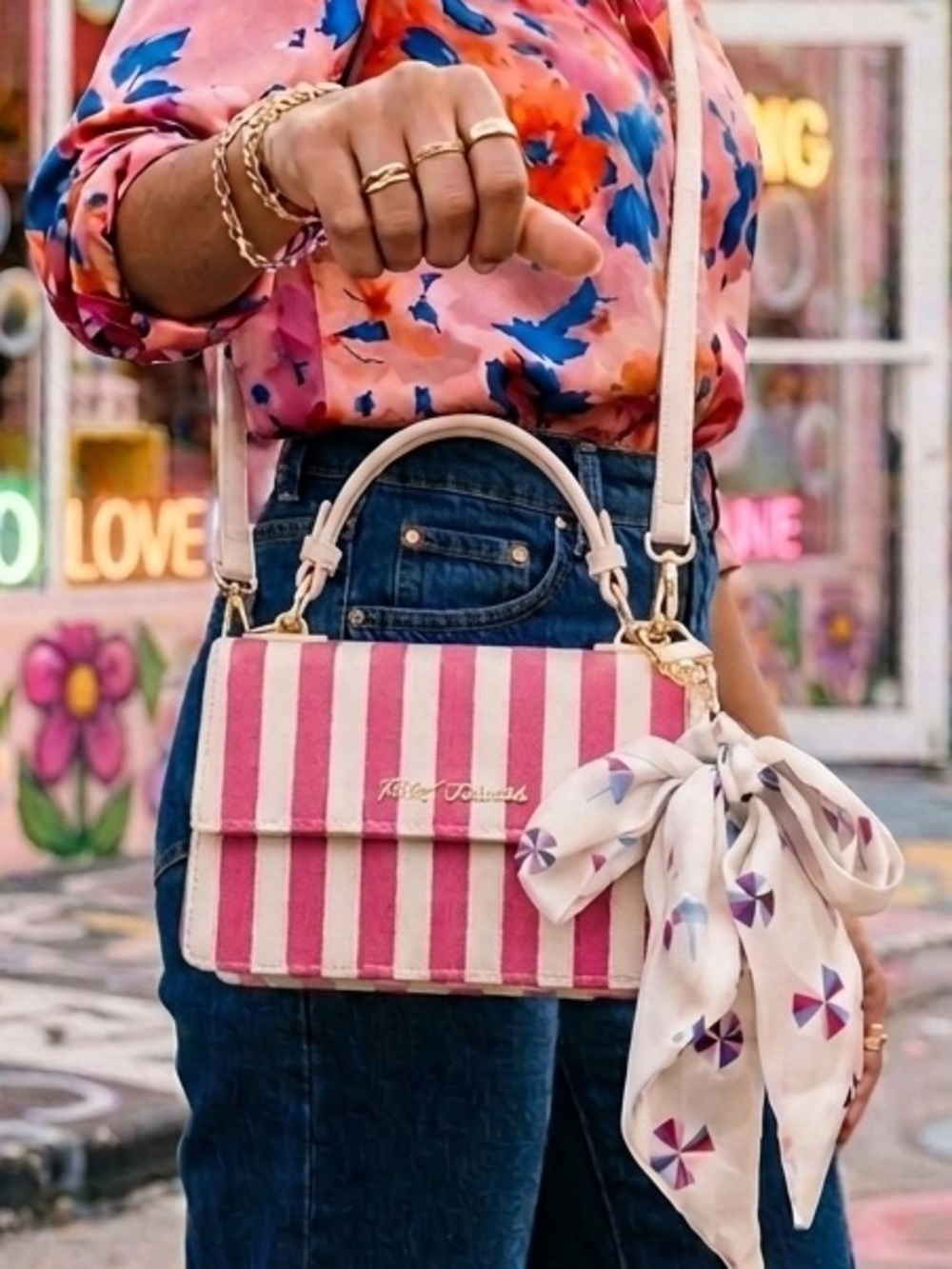 BETSY JOHNSON Pink & Cream Striped Top-Handle Mini Satchel Crossbody Bag